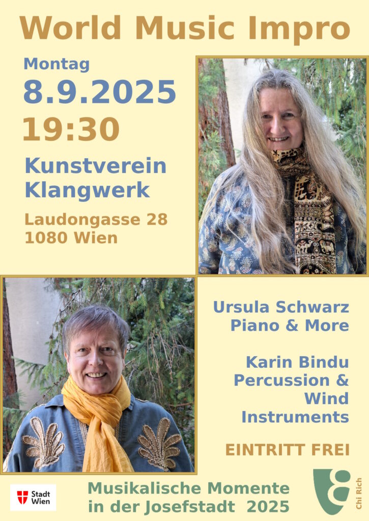 Das Bild zeigt Zeit und Ort der Veranstaltung sowie die Musikerinnen Karin Bindu und Ursula Schwarz